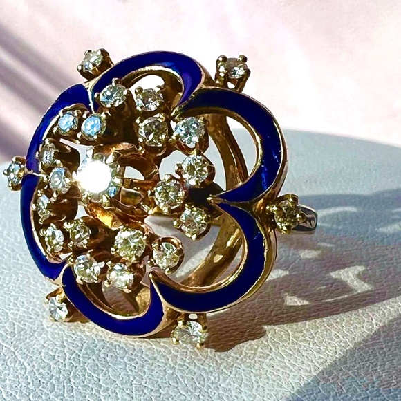 VINTAGE 14K YELLOW GOLD DIAMOND COBALT BLUE ENAMEL RING STATEMENT CUSTOM MADE - Picture 11 of 16